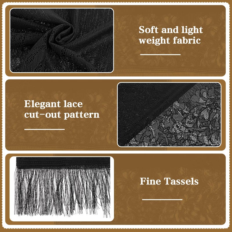 Jeffdad Women's Floral Lace Scarf Shawl wif Tassels for Women's Evening Dress Evening Party Mesh Wedding Shawls (Black) - Image 5