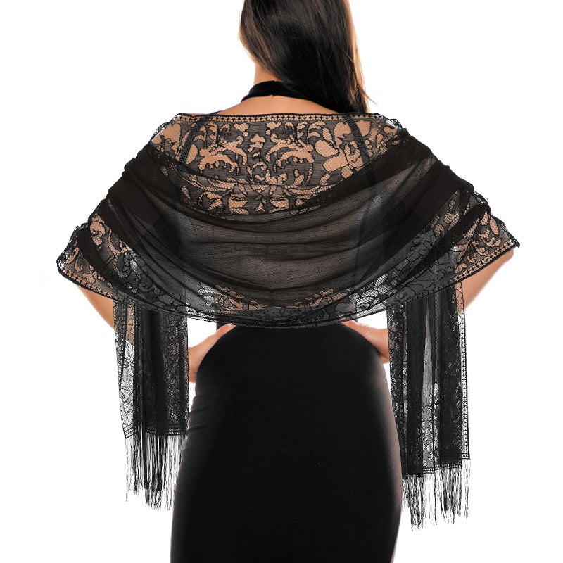 Jeffdad Women's Floral Lace Scarf Shawl wif Tassels for Women's Evening Dress Evening Party Mesh Wedding Shawls (Black) - Image 1