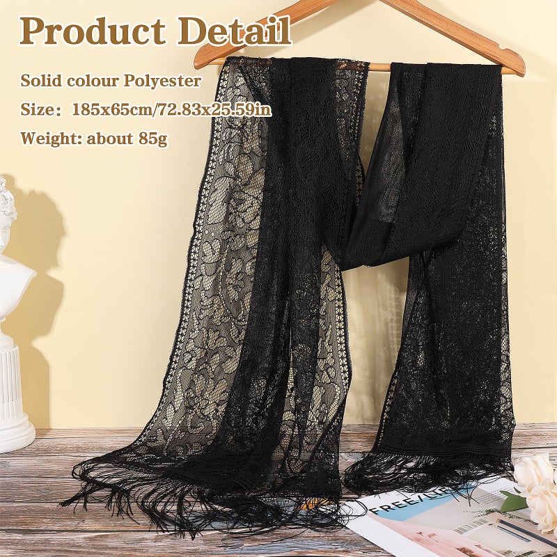 Jeffdad Women's Floral Lace Scarf Shawl wif Tassels for Women's Evening Dress Evening Party Mesh Wedding Shawls (Black) - Image 4