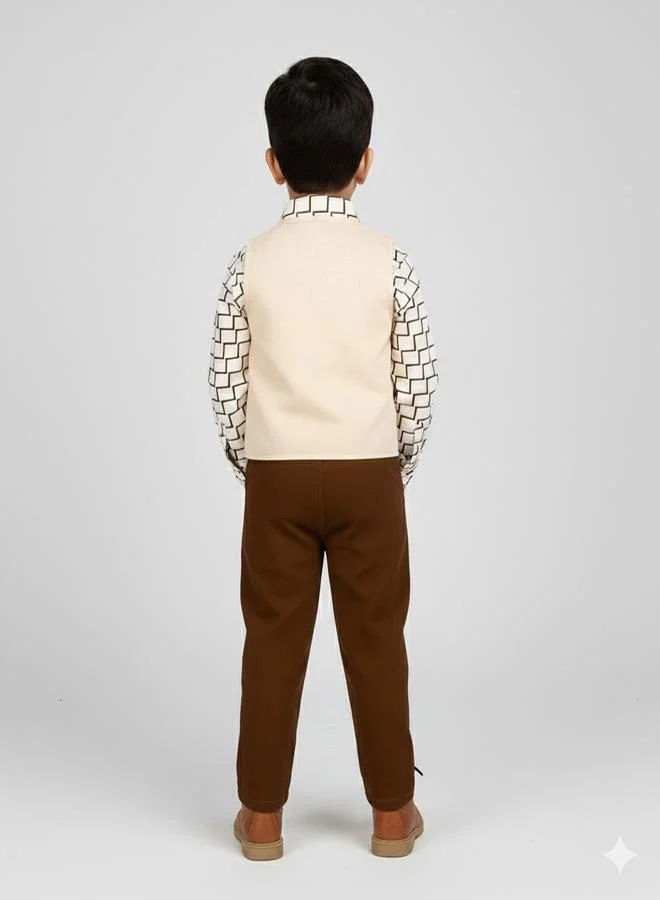 babyqlo Brown Geometric Shirt With Cream Waistcoat Set