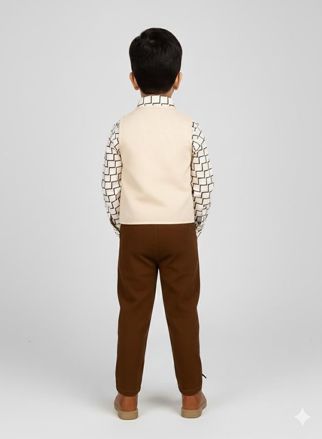 babyqlo Brown Geometric Shirt With Cream Waistcoat Set - Image 2