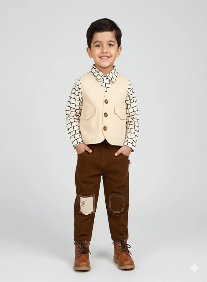 babyqlo Brown Geometric Shirt With Cream Waistcoat Set