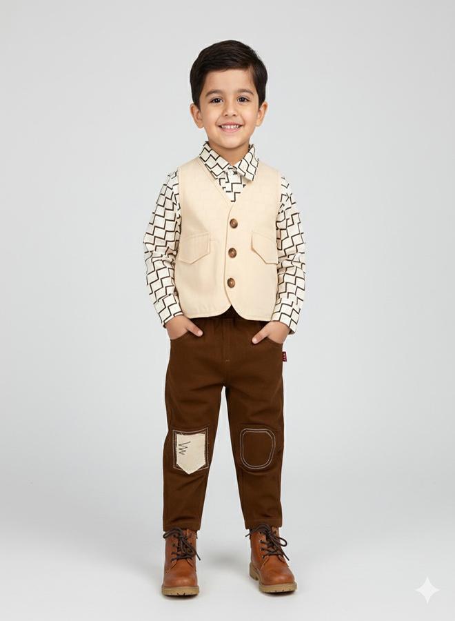 babyqlo Brown Geometric Shirt With Cream Waistcoat Set - Image 1