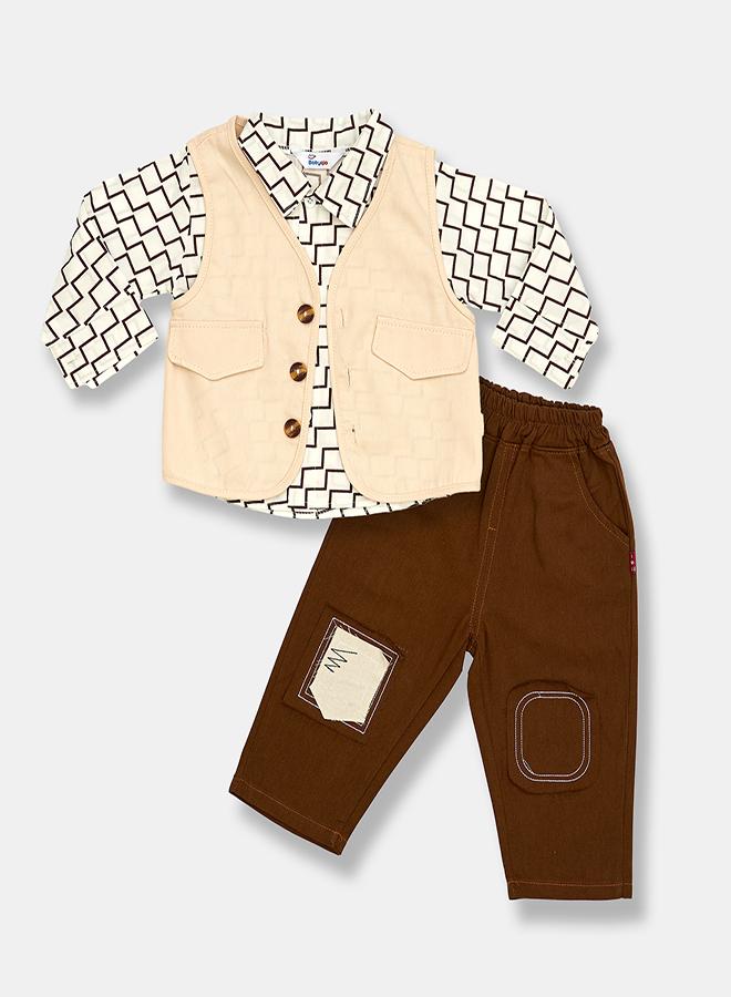 babyqlo Brown Geometric Shirt With Cream Waistcoat Set - Image 3