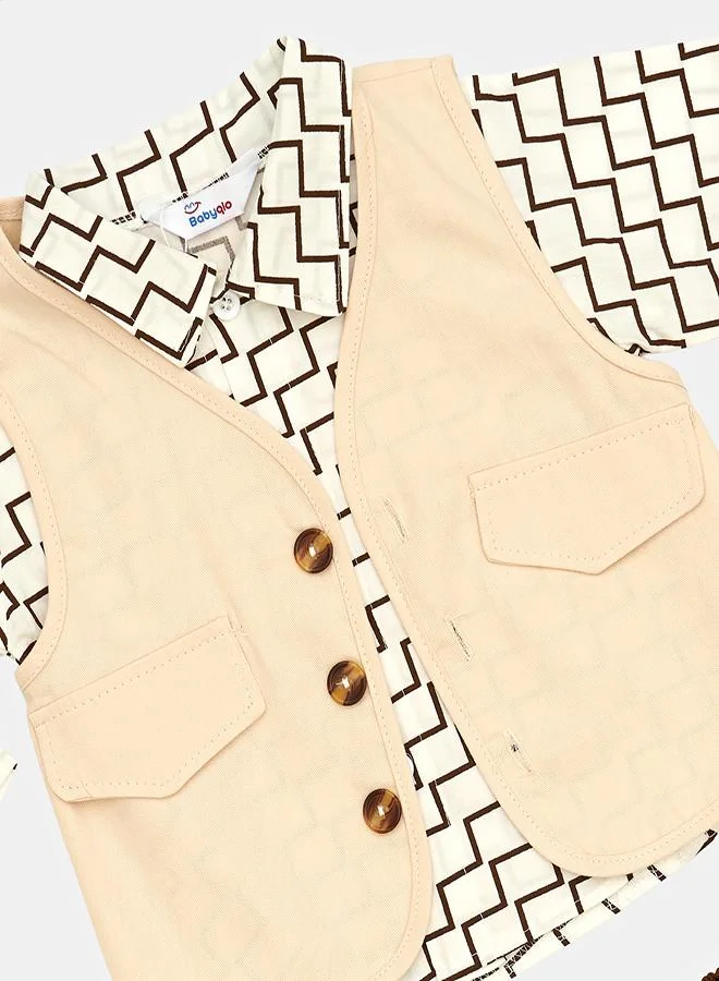 babyqlo Brown Geometric Shirt With Cream Waistcoat Set