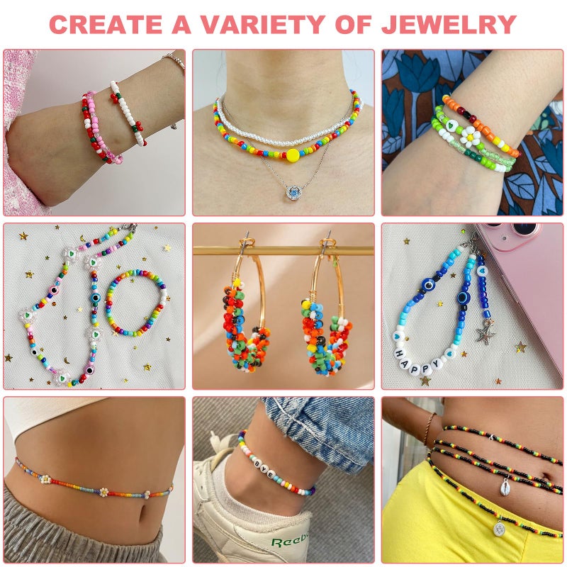 Redtwo 4mm Glass Seed Beads for Jewelry Bracelet Making Kit, Small Beads Friendship Bracelet Kit, Tiny Waist Beads with Letter Beads and Elastic String, DIY Art Craft Girls Gifts. - Image 2
