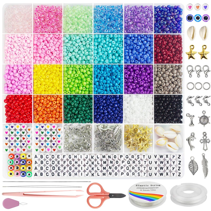 Redtwo 4mm Glass Seed Beads for Jewelry Bracelet Making Kit, Small Beads Friendship Bracelet Kit, Tiny Waist Beads with Letter Beads and Elastic String, DIY Art Craft Girls Gifts. - Image 1