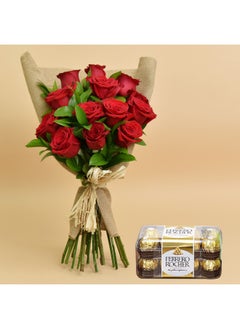 Ferns N Petals Valentines 12 Fresh Roses Bouquet And Chocolates 