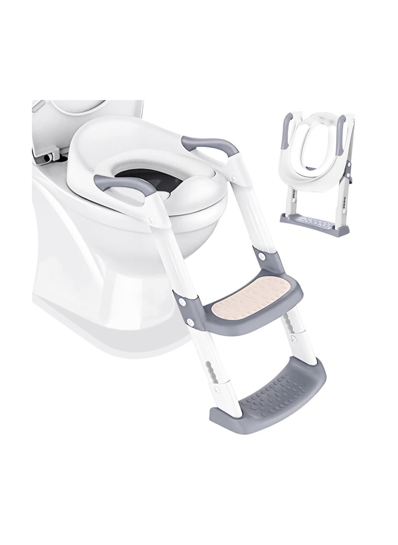Excefore Potty Training Toilet Seat Trainer, Kids Toilet Training Seat with Step Stool, Foldable Portable Potty Chair with Adjustable Height Ladder Guard Handle, Soft Cushion for Baby Toddler, White  - Image 1
