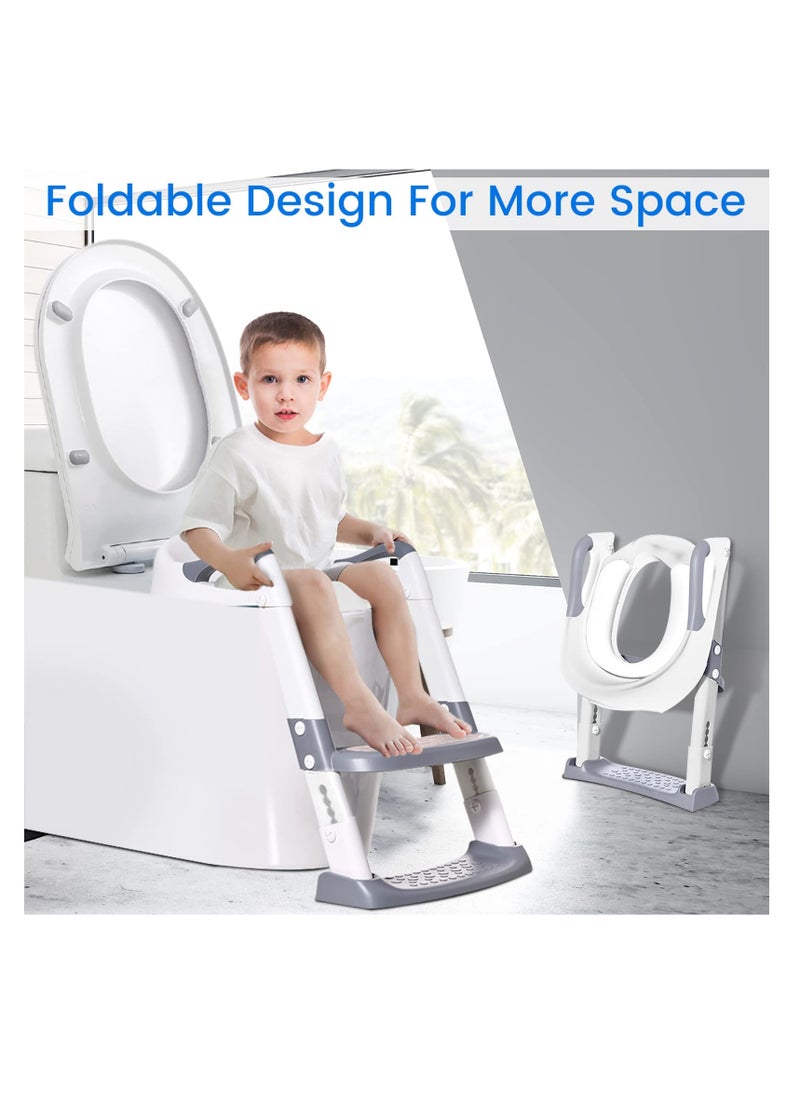 Excefore Potty Training Toilet Seat Trainer, Kids Toilet Training Seat with Step Stool, Foldable Portable Potty Chair with Adjustable Height Ladder Guard Handle, Soft Cushion for Baby Toddler, White  - Image 4
