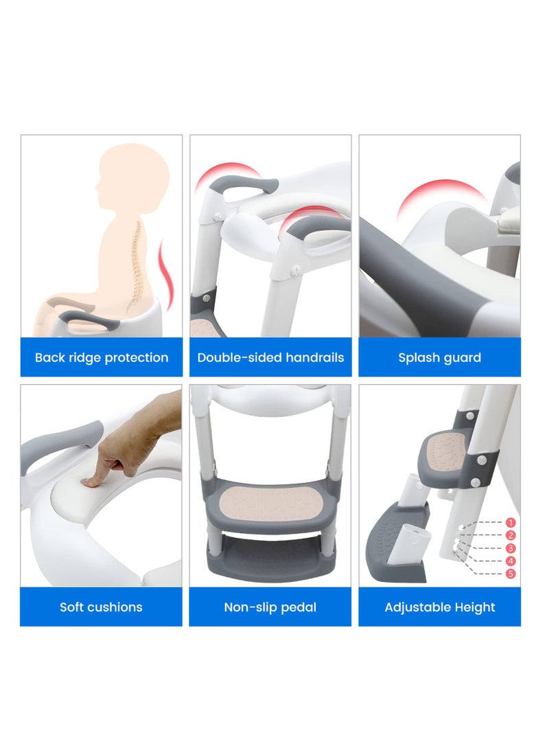 Excefore Potty Training Toilet Seat Trainer, Kids Toilet Training Seat with Step Stool, Foldable Portable Potty Chair with Adjustable Height Ladder Guard Handle, Soft Cushion for Baby Toddler, White  - Image 2