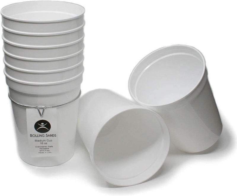 Rolling Sands 16 Ounce Reusable Plastic Stadium Cups White, 8 Pack, Made in USA, BPA-Free Dishwasher Safe Plastic Tumblers - Image 1