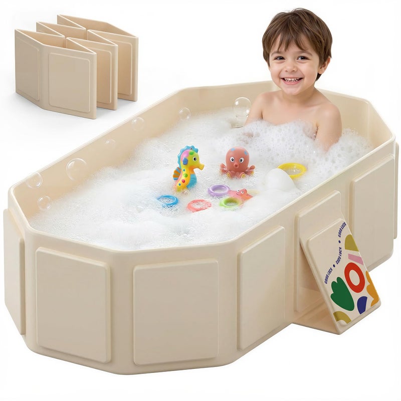 Wanchouse Collapsible Baby Bathtub for Newborn to Toddler, Foldable Toddler Bathtub with Drain Plug, Non-Slip Portable Infant Bath Tub for Travel, Storage & Outdoor Use, Beige - Image 1