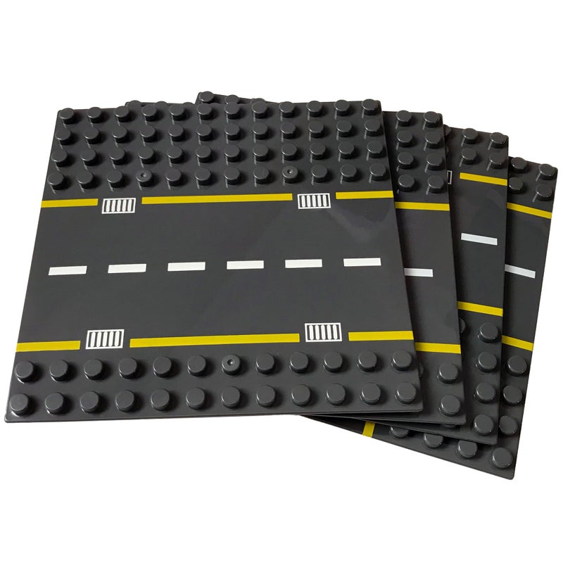 Apostrophe Games Building Block Road Base Plates for Large Blocks 7.5" x 7.5", 4 Street Baseplates (2 Straight & 2 Curved Roads) Compatible with Major Brands, STEM Learning - Image 1