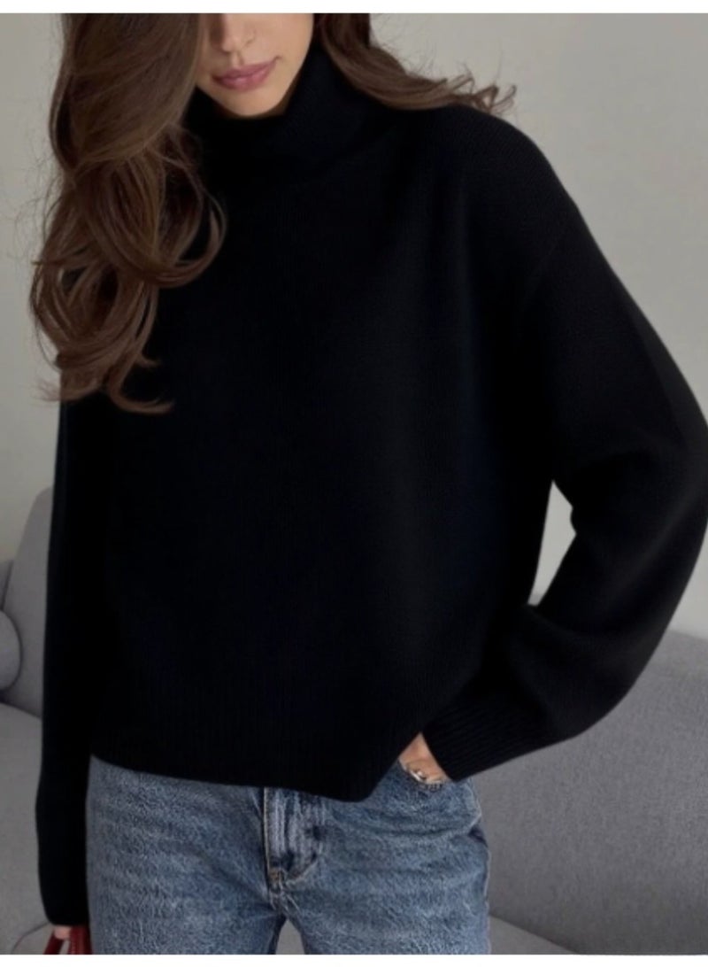 NIBEMINENT Women's  Autumn Winter Solid Color Comfortable Short Turtleneck Sweater Trendy Loose Fit Warm Knit Fashion Casual Jumpers - Image 1