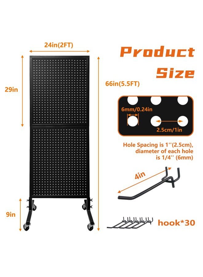 Royxen 2 x 5.5 Feet Pegboard Stand with Wheels, Black Metal, 30 Hooks, 1 Level - Image 3