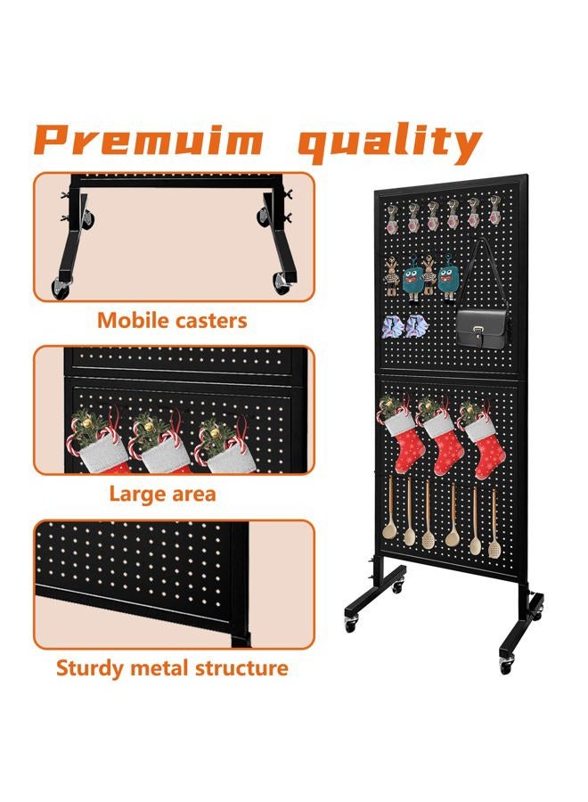 Royxen 2 x 5.5 Feet Pegboard Stand with Wheels, Black Metal, 30 Hooks, 1 Level - Image 4