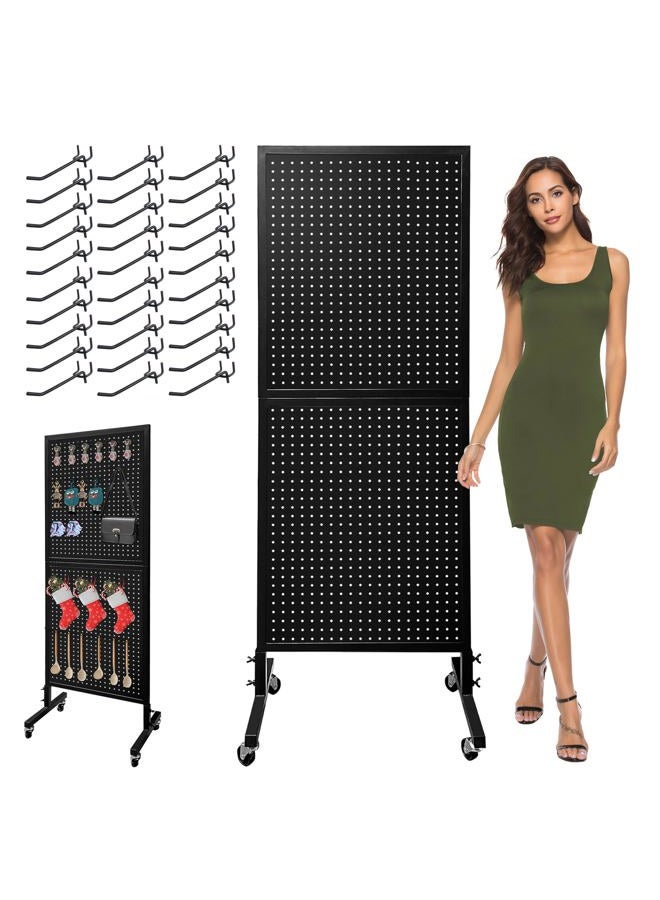 Royxen 2 x 5.5 Feet Pegboard Stand with Wheels, Black Metal, 30 Hooks, 1 Level - Image 1