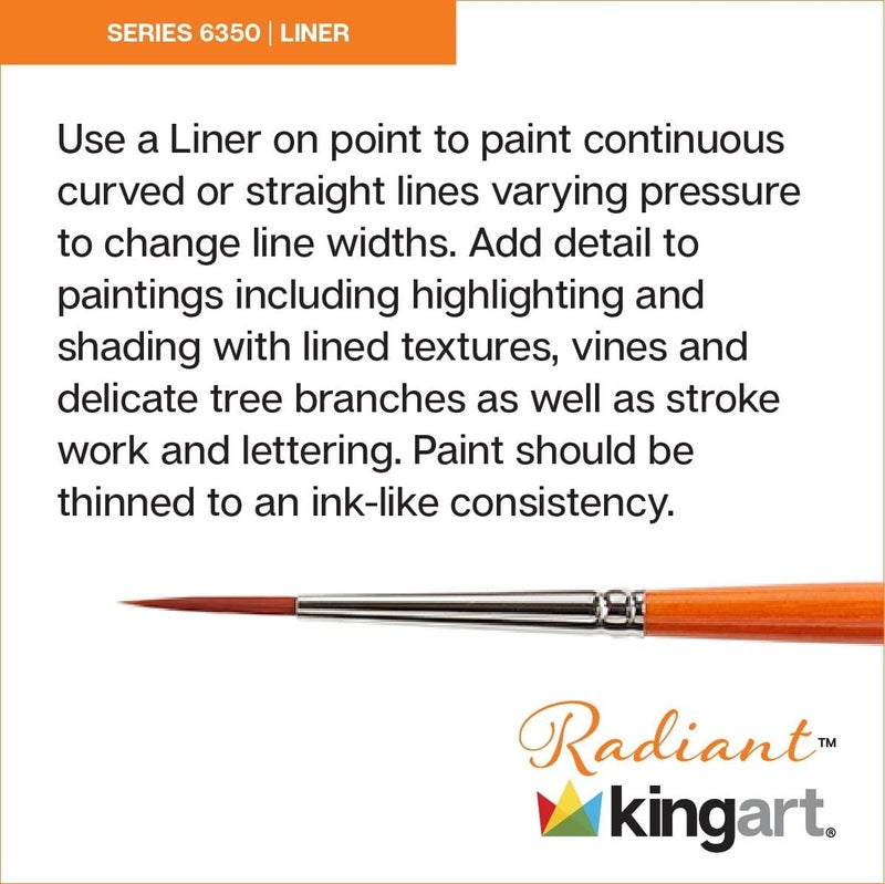 KINGART Premium 6 pc. Radiant 6350 Series Liner Artist Brush Set, Golden Synthetic Hair for Acrylic, Oil, Watercolor Painting, Short Handle, 6 Sizes: 10/0, 6/0, 2/0, 1, 2, 4 - Image 2