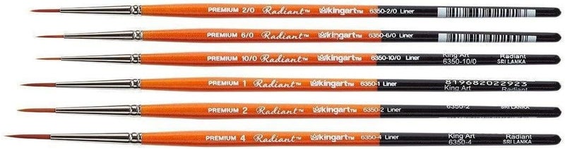 KINGART Premium 6 pc. Radiant 6350 Series Liner Artist Brush Set, Golden Synthetic Hair for Acrylic, Oil, Watercolor Painting, Short Handle, 6 Sizes: 10/0, 6/0, 2/0, 1, 2, 4 - Image 1