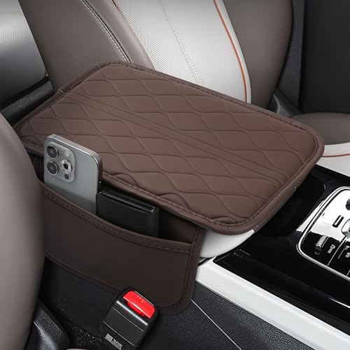Xfopz Car Center Console Cover,Leather Car Armrest Cover with 2 Storage Bags,Universal Car Arm Rest Cover,Car Interior Accessories Protector for Most Vehicle (Brown) - Image 1