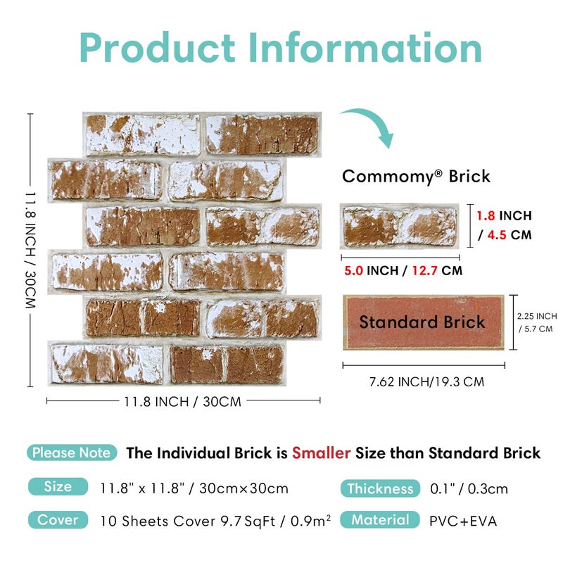 Commomy 3D Peel and Stick Brick Backsplash - 10 pcs 11.8â€x 11.8â€Small Size PVC Printable Faux Brick Wall Panels Retro Brick Wallpaper Wall Tile for Kitchen,Bedroom,Living Room,Fireplace,RV - Image 5
