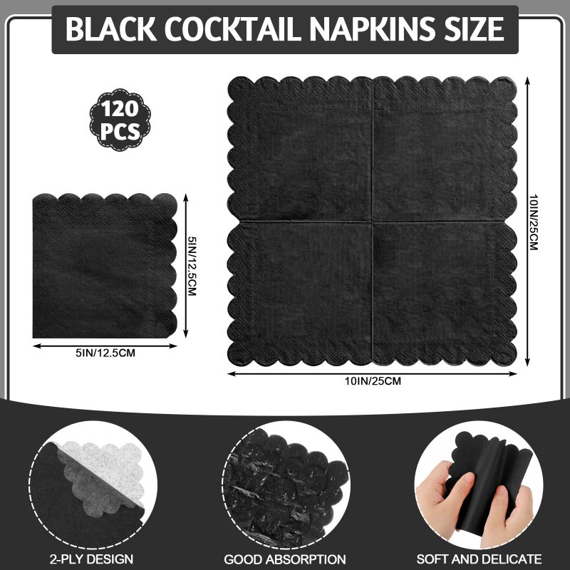 NatNarr 120 Pcs Cocktail Napkins Black Napkins Disposable Scalloped Bar Napkin Beverage Dessert Napkin for Birthday, Coffee, Bar, Kitchen, 5 x 5 Inch - Image 2