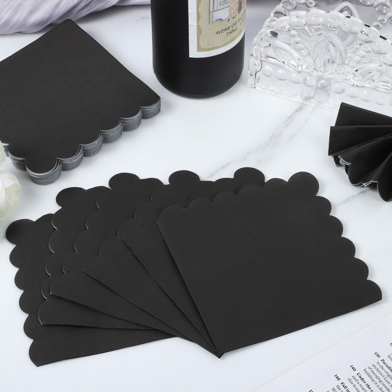 NatNarr 120 Pcs Cocktail Napkins Black Napkins Disposable Scalloped Bar Napkin Beverage Dessert Napkin for Birthday, Coffee, Bar, Kitchen, 5 x 5 Inch - Image 4