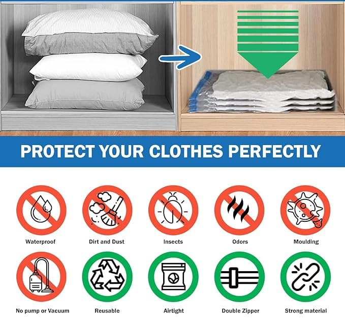 XBEY Space Saver Pack of 6 Variety Reusable Vacuum Storage Ziplock Compression Bags for Travel with hand Pump - Image 3