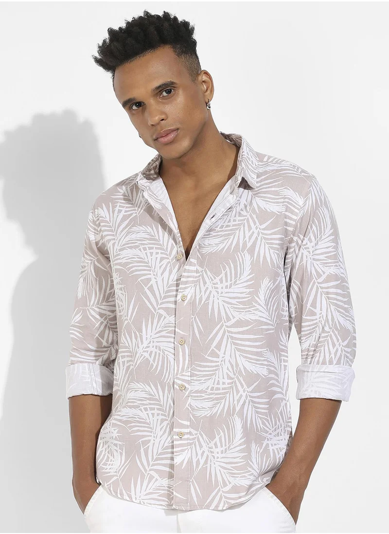 Campus Sutra Campus Sutra Men's Beige Pinstriped Shirt For Casual Wear | Spread Collar | Long Sleeve | Button Closure | Rayon Flex Shirt Crafted With Comfort Fit For Everyday Wear