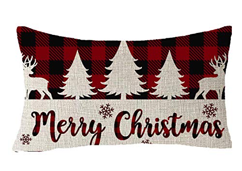 FELENIW Classic Retro Christmas Red Black Green Yellow Christmas Tree Snowflakes Plaid Buffalo Checkered Plaid Lattice Cotton Linen Decorative Throw Pillow Cover Cushion Case 12x20 inches - Image 4