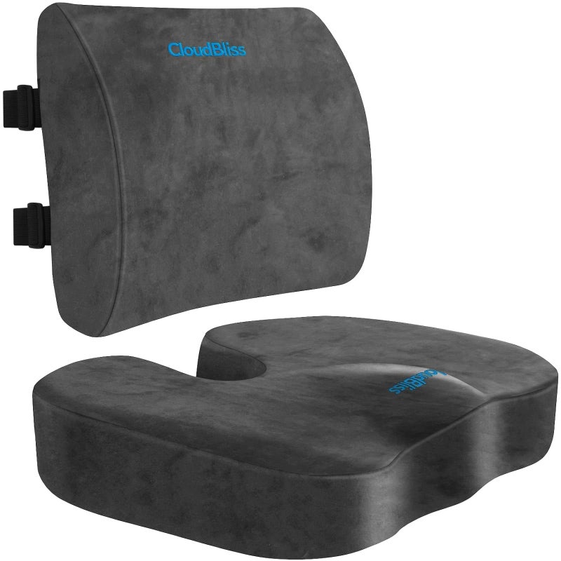 CloudBliss Seat CushionOffice Chair CushionsCar Seat CushionLumbar Support Pillow for Office ChairBack Support Memory Foam Pillow Coccyx Cushion for Tailbone PainSciatica Back Pain Relief Grey