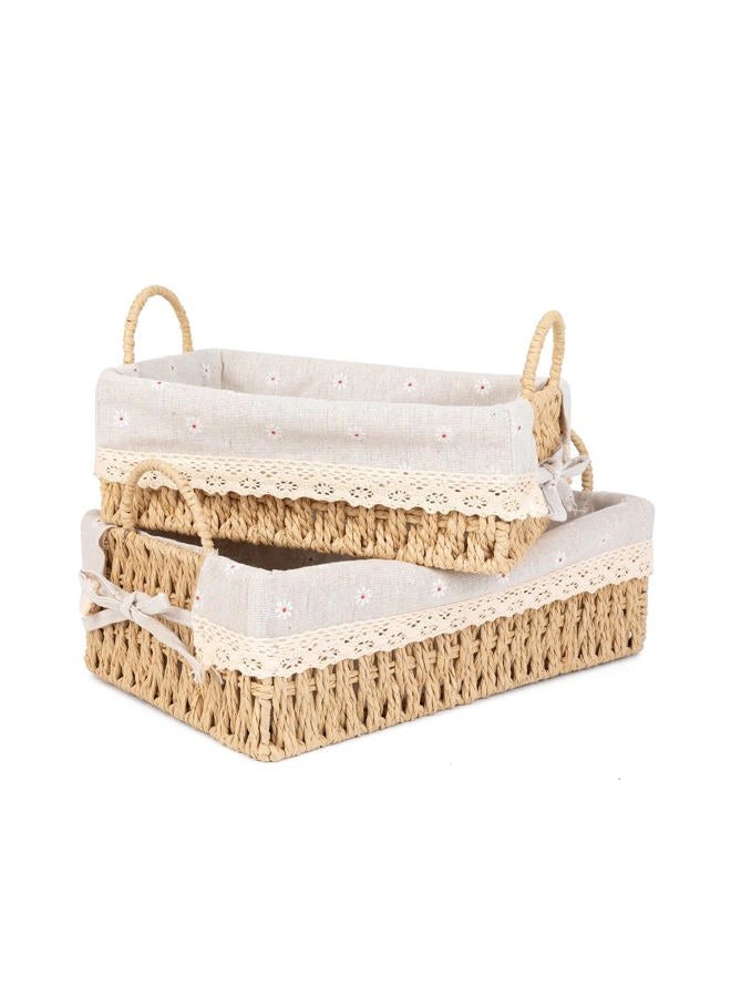 Agirlvct Wicker Storage Baskets with Handle and Liner, Rectangular Natural Paper Rope Woven Shelf Baskets for Organizing, Storage Bins Organizers for Living Room Bedroom Bathroom Tabletops(Set of 2) - Image 1