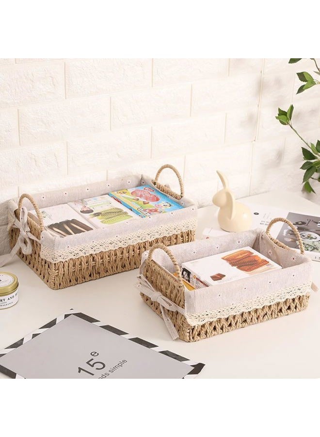 Agirlvct Wicker Storage Baskets with Handle and Liner, Rectangular Natural Paper Rope Woven Shelf Baskets for Organizing, Storage Bins Organizers for Living Room Bedroom Bathroom Tabletops(Set of 2) - Image 5