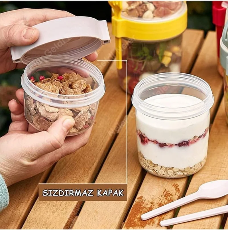 Hane216 Double Chamber Muesli Snack Container 1100 ml - Portable with Fork and Spoon