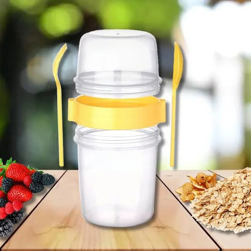 Hane216 Double Chamber Muesli Snack Container 1100 ml - Portable with Fork and Spoon