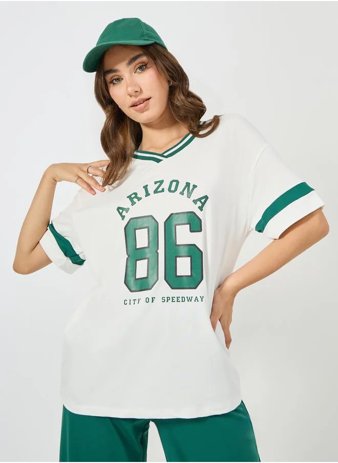 Styli Varsity Slogan T-Shirt & Wide Leg Jogger Co-Ords