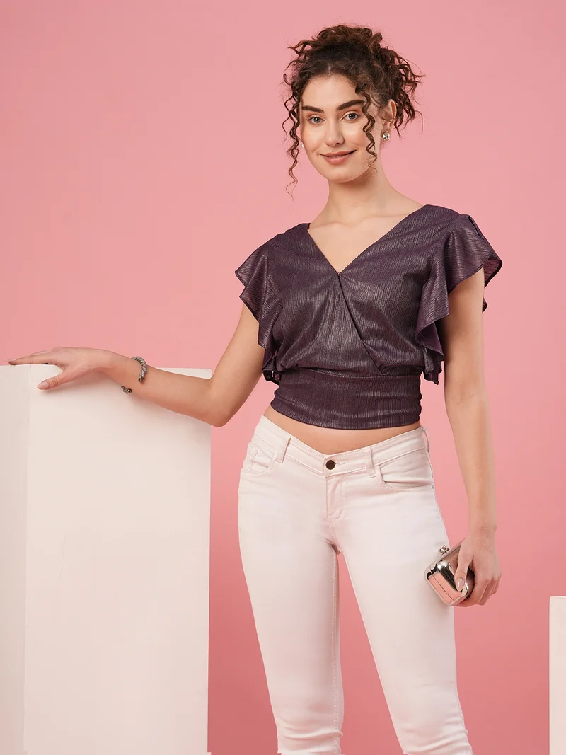 globus Women Purple Flutter Sleeve Wrap Crop Top