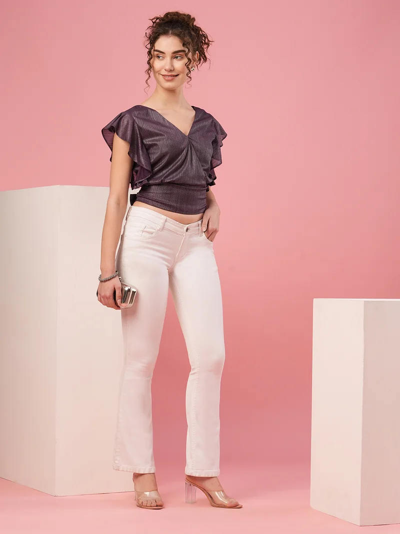 globus Women Purple Flutter Sleeve Wrap Crop Top