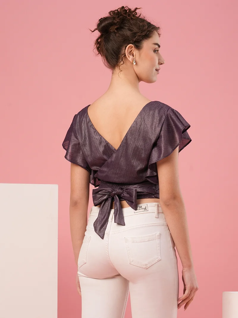 globus Women Purple Flutter Sleeve Wrap Crop Top