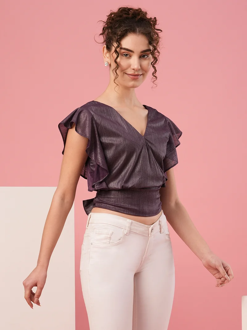 globus Women Purple Flutter Sleeve Wrap Crop Top