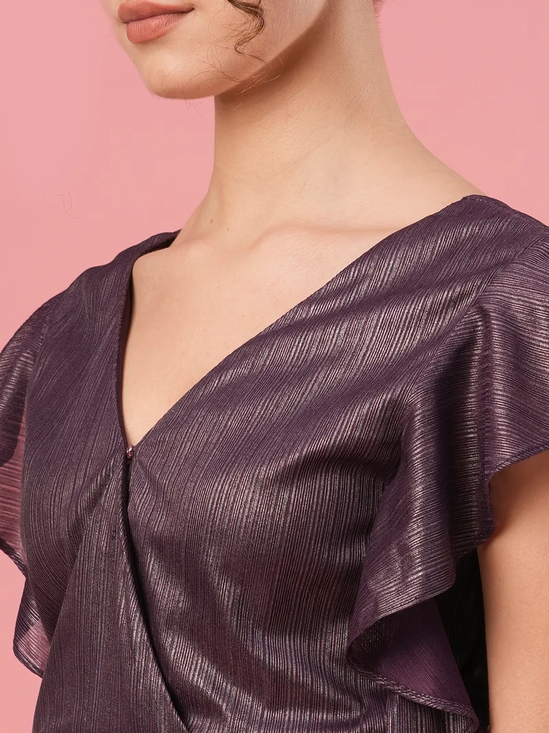 globus Women Purple Flutter Sleeve Wrap Crop Top