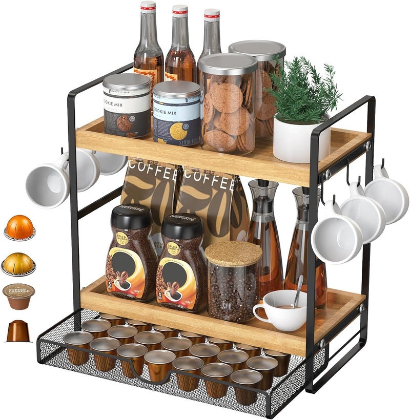 LEMIKKLE 2-Tier Coffee Station Organizer with Pod Holder and Drawer, Kitchen Countertop Organizer, Coffee Bar Accessories Station with Coffee Pod Storage, Coffee Organizer - Image 1