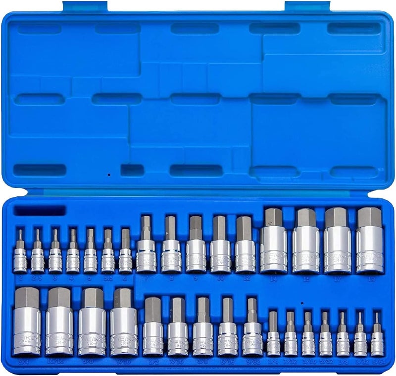 NEIKO 10288A Allen Hex Bit Socket Set 32 Piece SAE and Metric Allen Socket Set Allen Head Hex Key Socket Set Made with S2 Steel