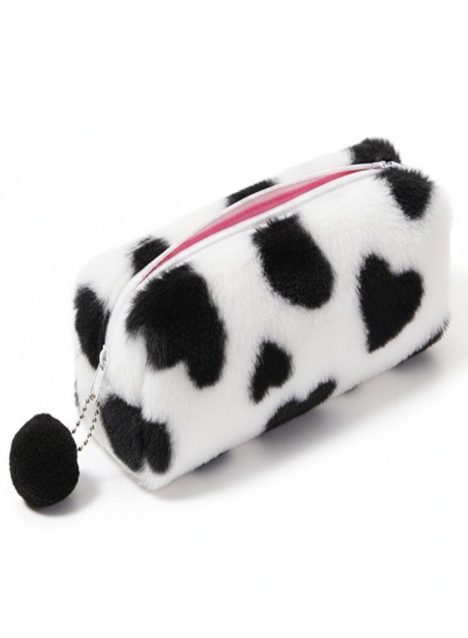 Umbrotiger Heart Leopard Print Plush Pencil Case, Black & White Fabric Pen Holder with Pom-Pom Zipper, Cute Study Organizer Pouch, Makeup Cosmetic Bag for Office, Travel - Image 1