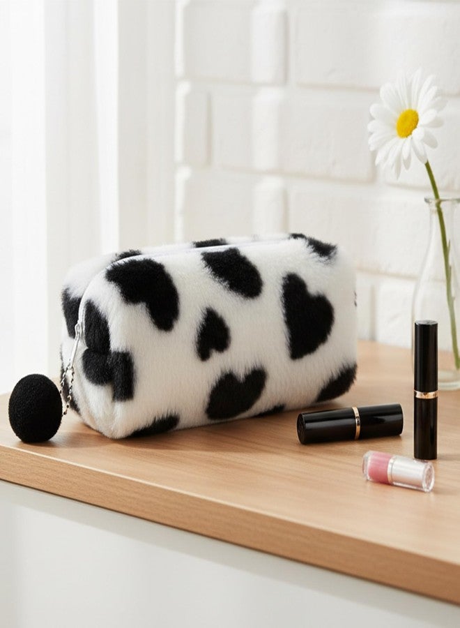 Umbrotiger Heart Leopard Print Plush Pencil Case, Black & White Fabric Pen Holder with Pom-Pom Zipper, Cute Study Organizer Pouch, Makeup Cosmetic Bag for Office, Travel - Image 5