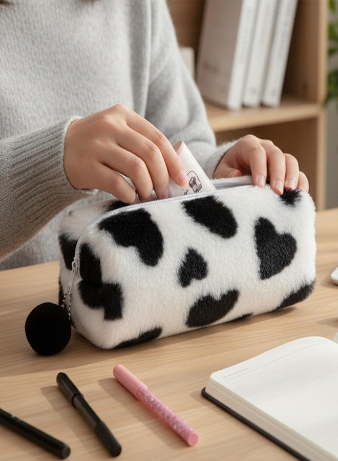 Umbrotiger Heart Leopard Print Plush Pencil Case, Black & White Fabric Pen Holder with Pom-Pom Zipper, Cute Study Organizer Pouch, Makeup Cosmetic Bag for Office, Travel - Image 4