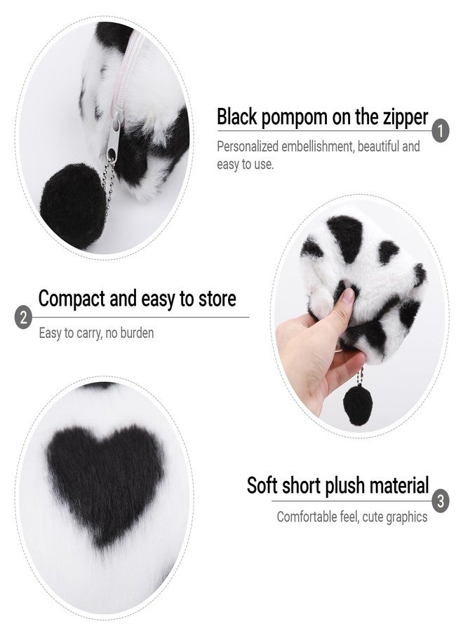 Umbrotiger Heart Leopard Print Plush Pencil Case, Black & White Fabric Pen Holder with Pom-Pom Zipper, Cute Study Organizer Pouch, Makeup Cosmetic Bag for Office, Travel - Image 3