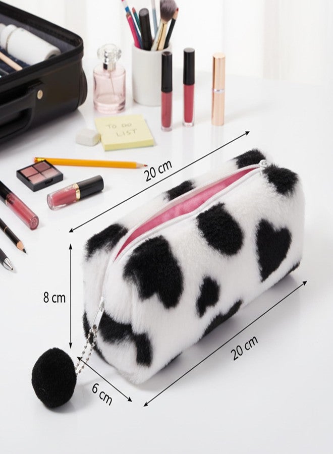 Umbrotiger Heart Leopard Print Plush Pencil Case, Black & White Fabric Pen Holder with Pom-Pom Zipper, Cute Study Organizer Pouch, Makeup Cosmetic Bag for Office, Travel - Image 2