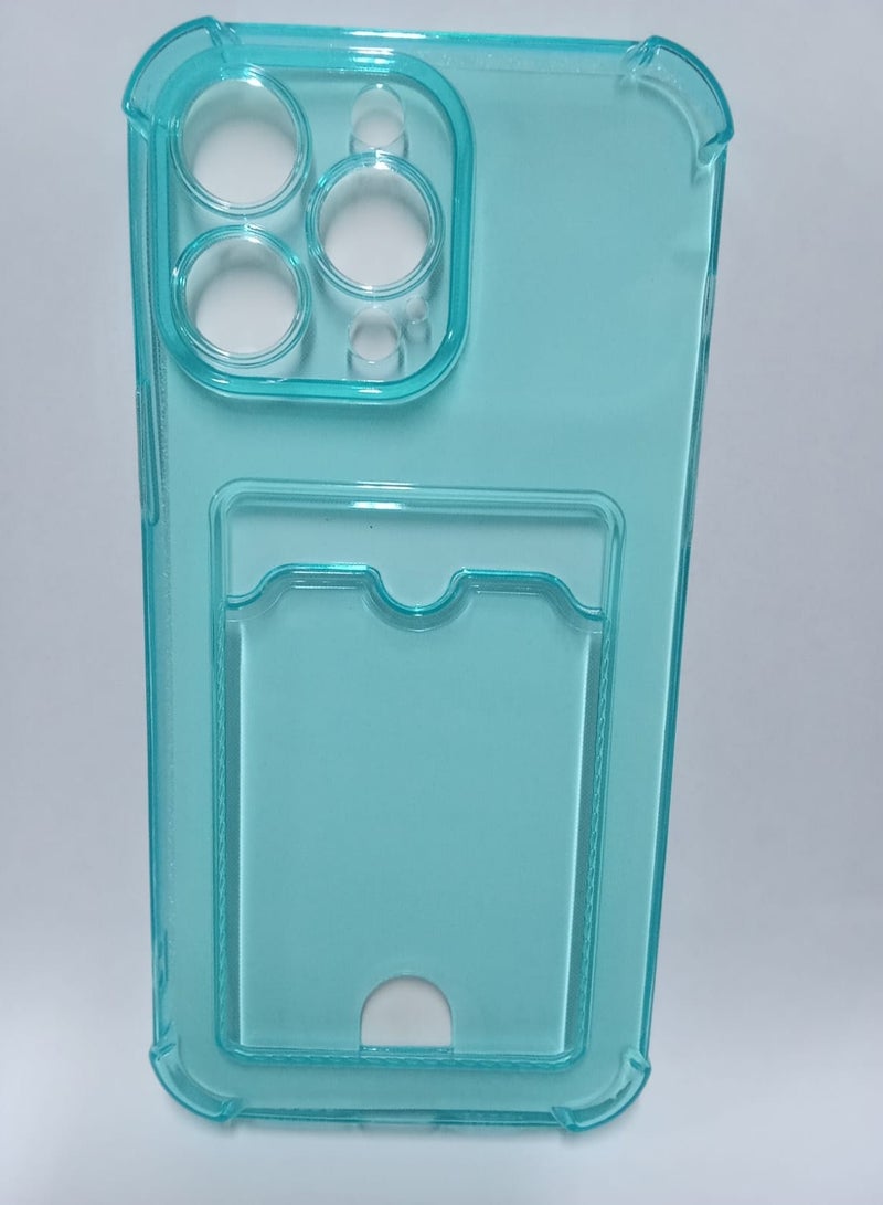 Card Wallet Design Back Cover for 14 Pro Max, Shockproof Polyurethane Flexible Case with Cute Card Holder, Turquoise 